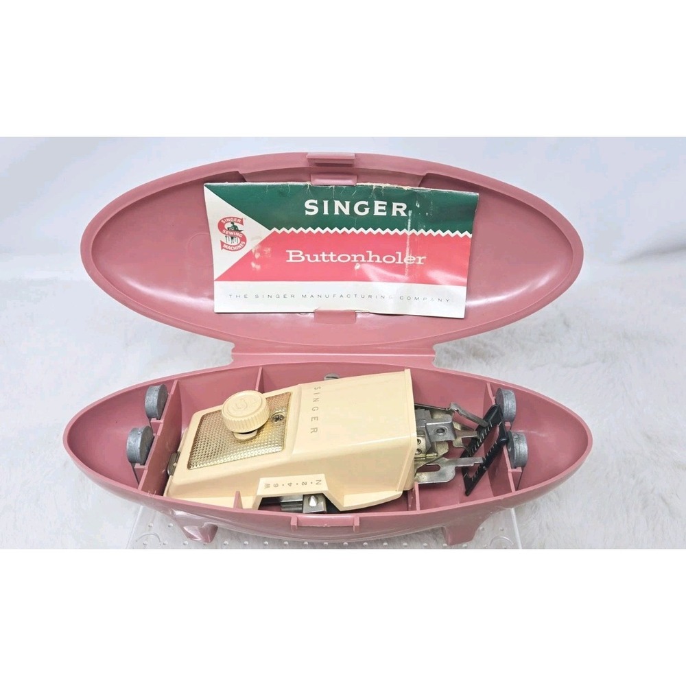 Vintage 1960's Singer Buttonholer w/ Pink Clam Shell Case & 4 Templates Complete